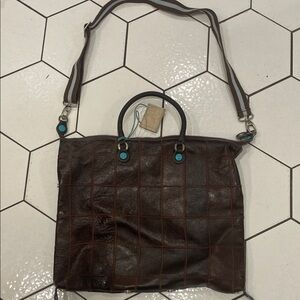 Brown Leather Tote Bag with Blue Accents